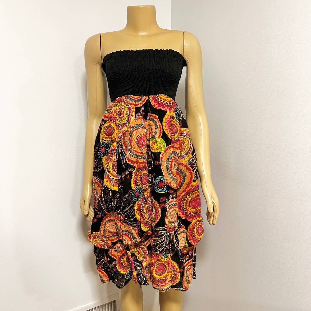 y2k Metrostyle Strapless Smocked Boho Dress Sequin Embroidery Paisley Print M